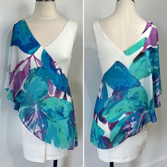 Bebe White Mini Dress with One Shoulder Asymmetric Sheer Printed Draped Cover -M - Picture 1 of 8